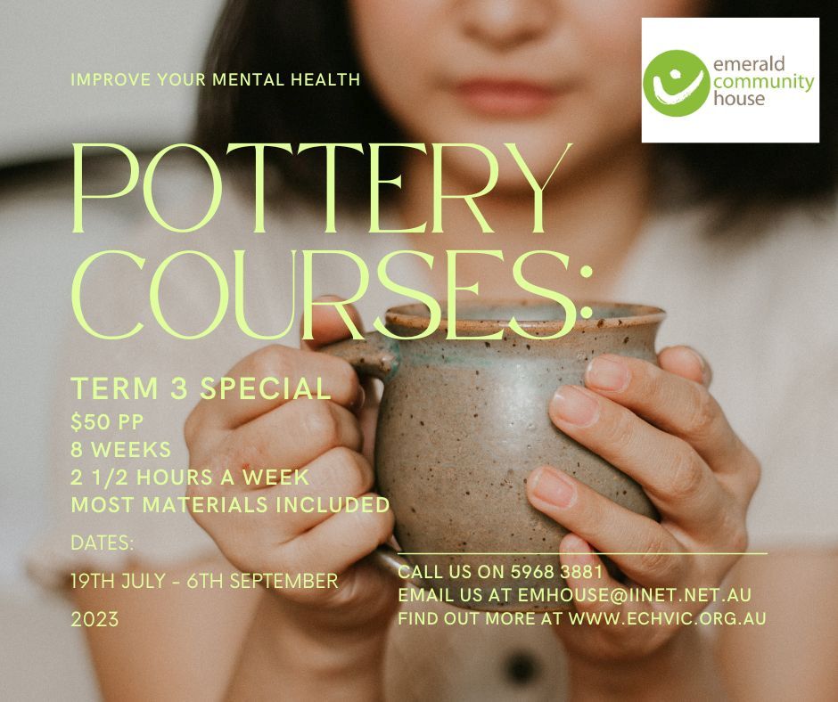 TERM 3 Fired Arts Fired Arts Centre is offering a Term 3 pottery special to get you out of your winter blues. $50 pp @ 2.5 hours per week for 8 weeks. 19th July to the 6th September, 2023 9:30am - 12:00pm - Functional ware pottery, hand building cups, mugs, plates, jugs and general crockery for your kitchen and home. 1:00 - 3:30pm - Garden art pottery (Just like you saw on gardening Australia) https://www.abc.net.au/gardening/how-to/mosaic-master/102363868 (Most materials, and firing included) For more info and to book, call Emerald Community House on 5968 3881